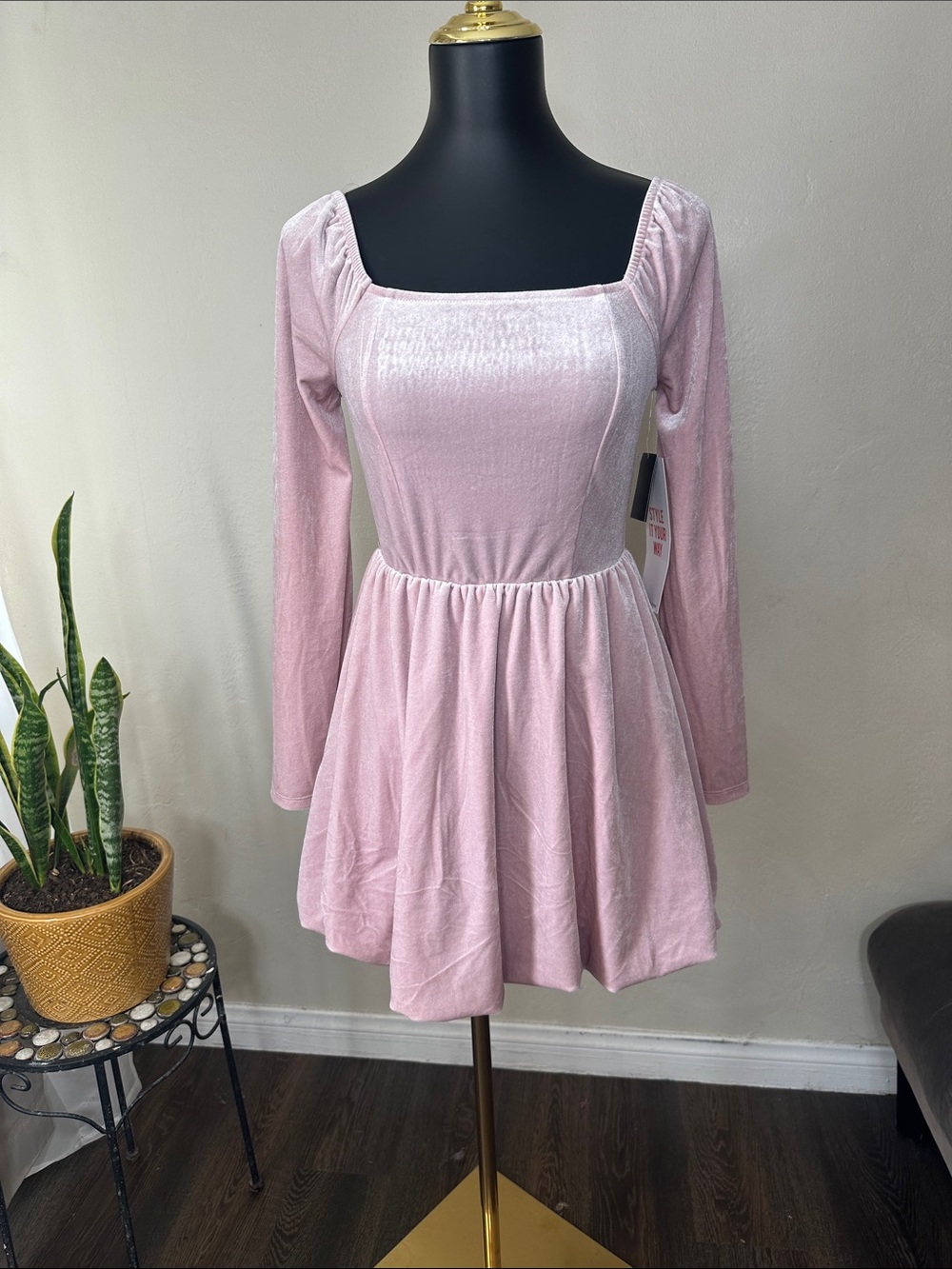 Celebrity Pink Light Pink Velvet Square-Neck Long Sleeve Skater Dress